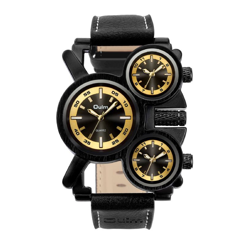 Mode Casual Lederen Heren Vintage Horloge Versierd Multi-time Zone Wijzerplaat Lichtgevende Wijzers Quartz Horloge