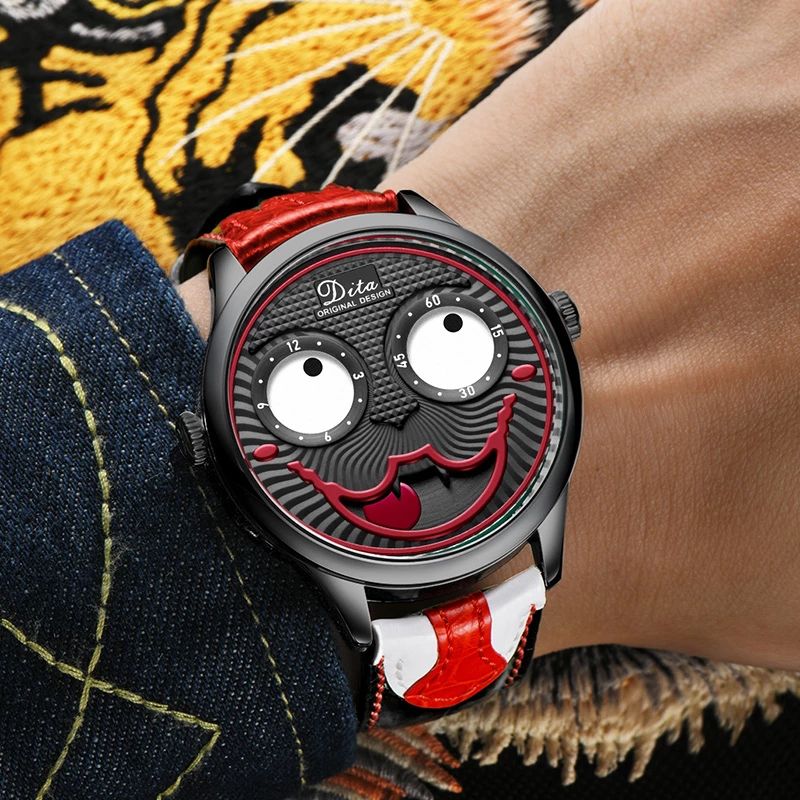 Mode Creatieve Joker Wijzerplaat Leer/roestvrijstalen Band Persoonlijkheid Heren Quartz Horloge