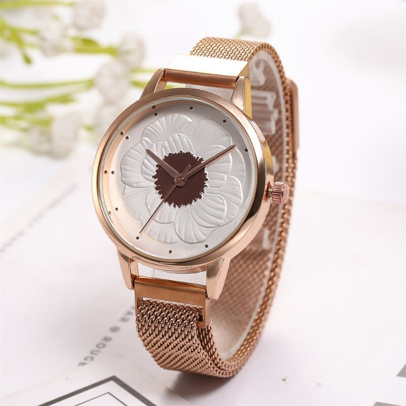 Mode Elegant 3d Bloempatroon Magnetische Gesp Milanese Mesh Stalen Band Dames Horloges Quartz Horloge