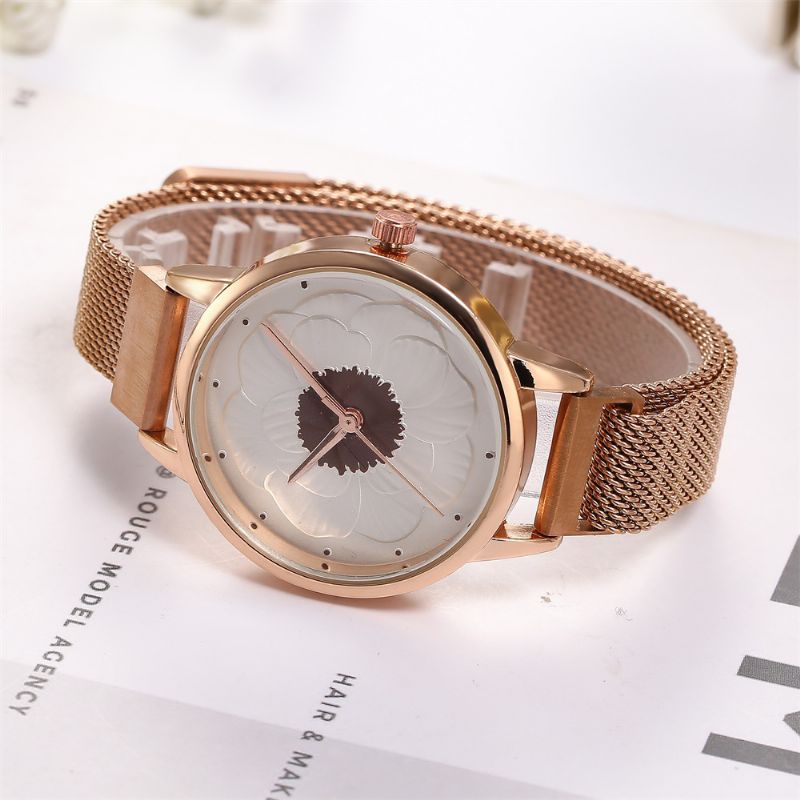 Mode Elegant 3d Bloempatroon Magnetische Gesp Milanese Mesh Stalen Band Dames Horloges Quartz Horloge