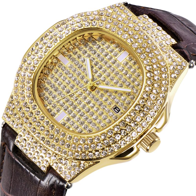 Mode Elegant Pu Lederen Heren Vintage Diamant Horloge Riem Quartz Horloge