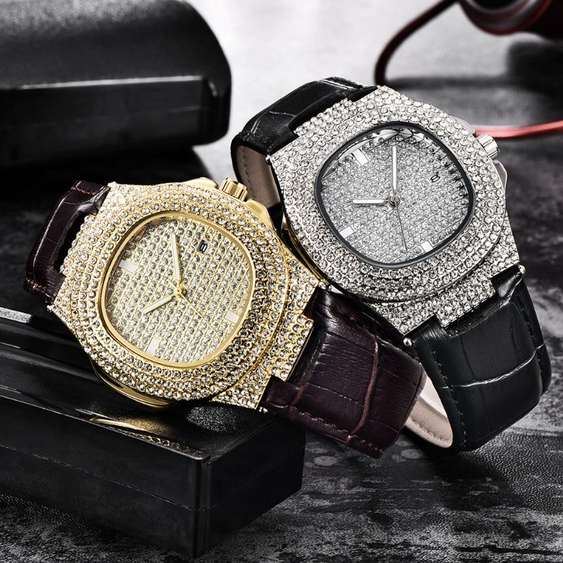 Mode Elegant Pu Lederen Heren Vintage Diamant Horloge Riem Quartz Horloge