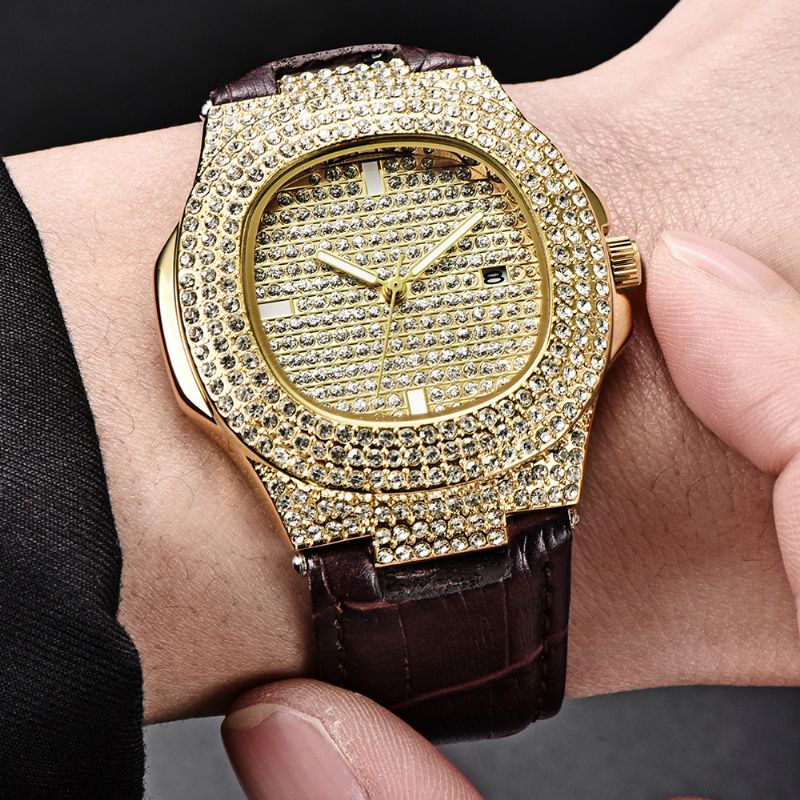 Mode Elegant Pu Lederen Heren Vintage Diamant Horloge Riem Quartz Horloge