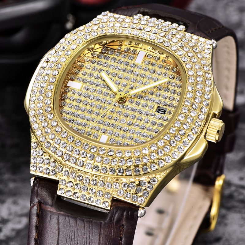 Mode Elegant Pu Lederen Heren Vintage Diamant Horloge Riem Quartz Horloge