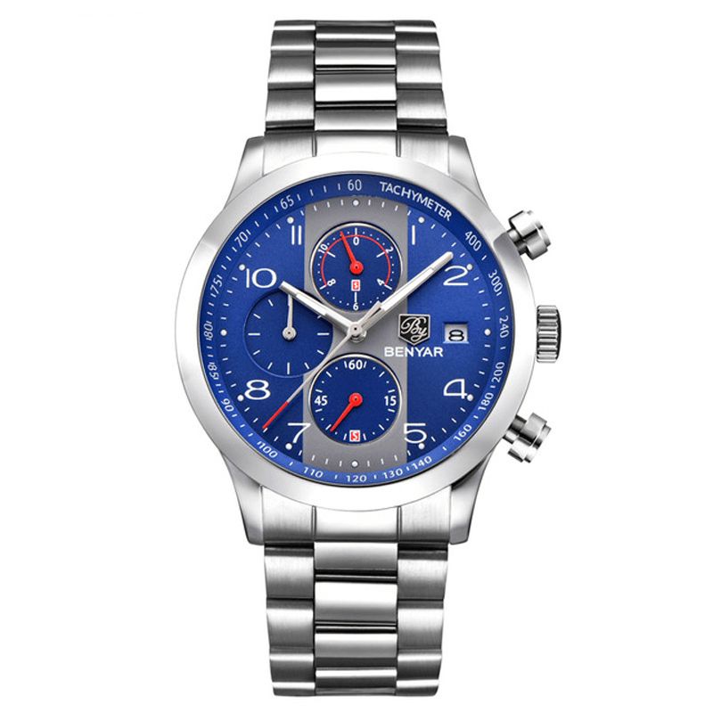 Mode Heren Horloge Chronograaf Waterdicht Lichtgevend Display Volledig Stalen Quartz Horloge