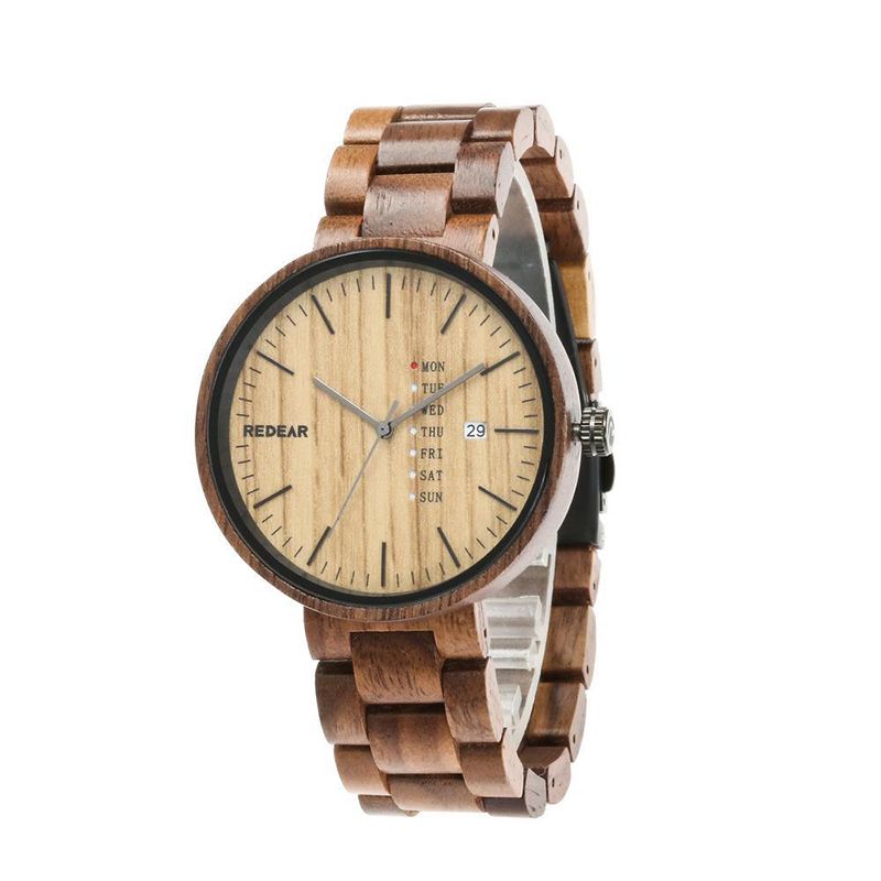 Mode Heren Houten Horloge Datum Week Display Houten Band Quartz Horloge