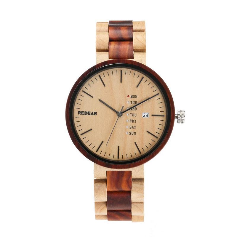 Mode Heren Houten Horloge Datum Week Display Houten Band Quartz Horloge