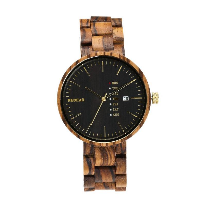 Mode Heren Houten Horloge Datum Week Display Houten Band Quartz Horloge