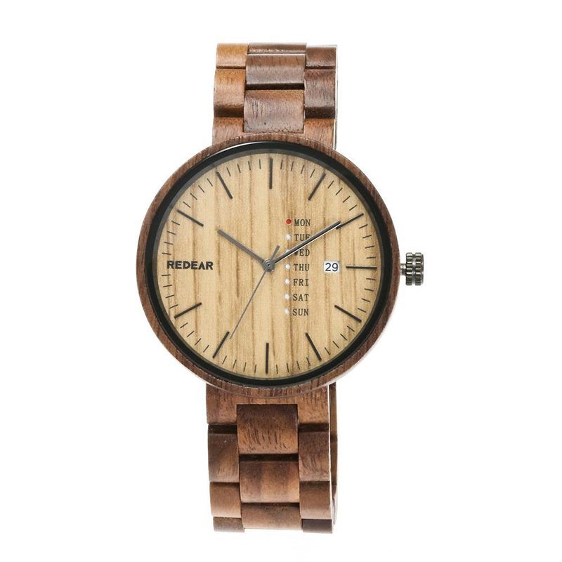 Mode Heren Houten Horloge Datum Week Display Houten Band Quartz Horloge