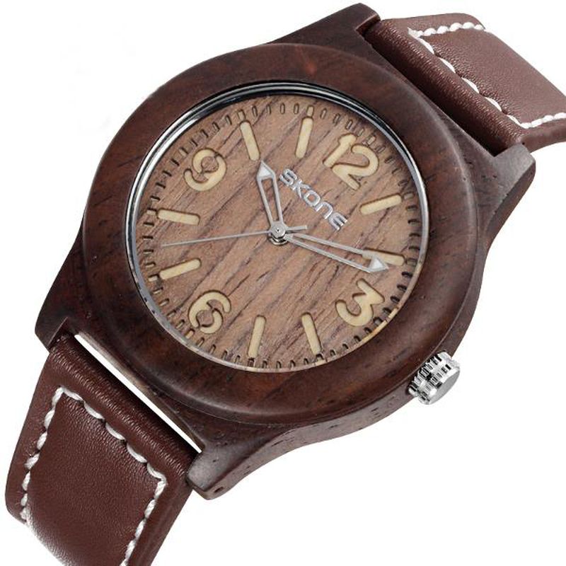 Mode Heren Quartz Horloge Casual Lederen Band Houten Horloge