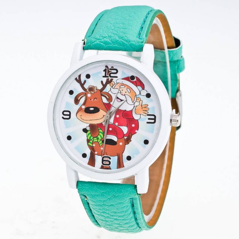 Mode Kerst Kerstman Patroon Leuk Horloge Lederen Band Heren Dames Quartxz Horloge