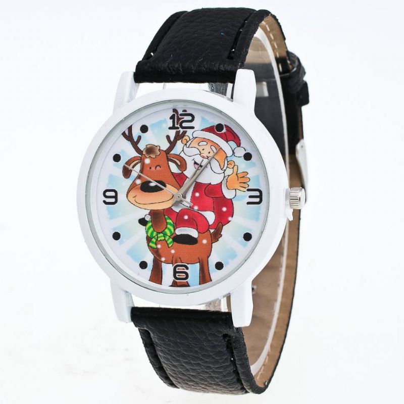 Mode Kerst Kerstman Patroon Leuk Horloge Lederen Band Heren Dames Quartxz Horloge