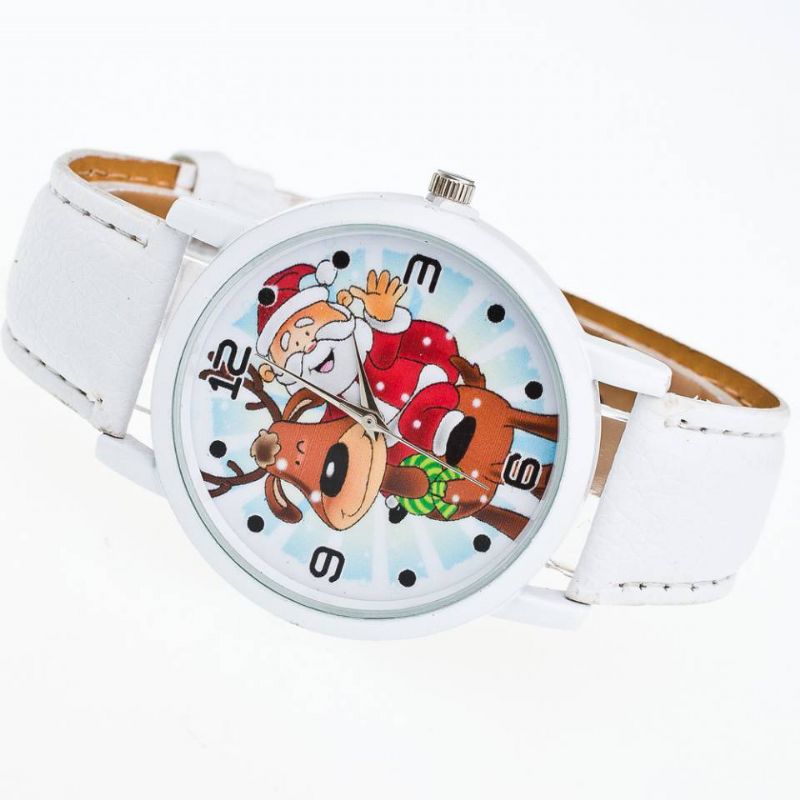 Mode Kerst Kerstman Patroon Leuk Horloge Lederen Band Heren Dames Quartxz Horloge