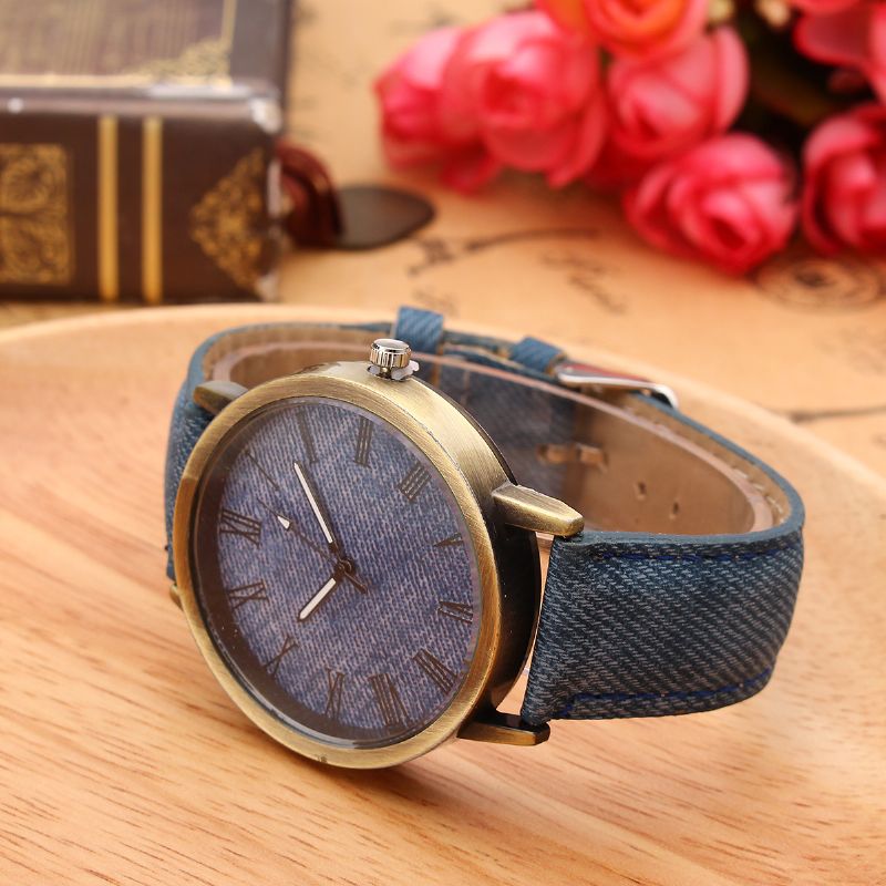 Mode Kleurrijke Band Denim Pu Band Casual Wijzerplaat Mannen Vrouwen Horloge Quartz Horloge