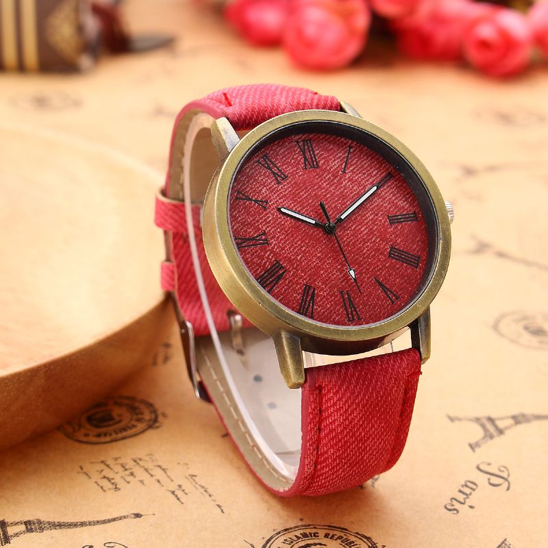 Mode Kleurrijke Band Denim Pu Band Casual Wijzerplaat Mannen Vrouwen Horloge Quartz Horloge