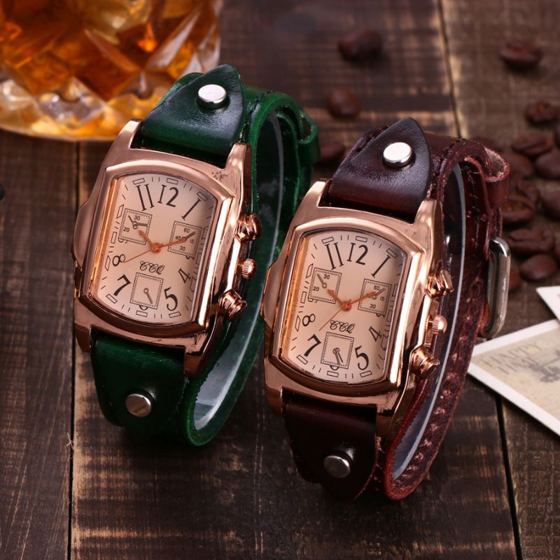 Mode Kleurrijke Luxe Retro Lederen Band Tijdweergave Quartz Horloge