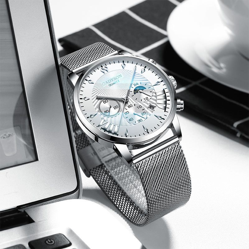 Mode Mannen Kijken Lichtgevende Datumweergave Metalen Mesh Riem Zakelijk Quartz Horloge