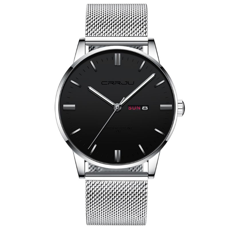 Mode Mesh Staal Datum Week Lichtgevende Display Casual Eenvoudige Wijzerplaat Heren Quartz Horloge