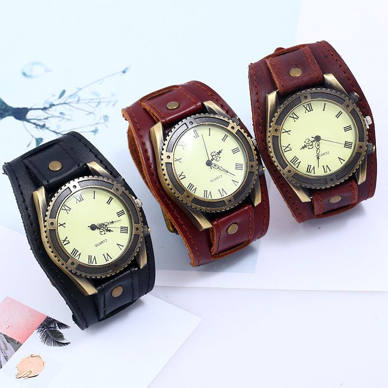 Retro Punk Stijl Lederen Banden Herenmode Pointer Quartz Horloge