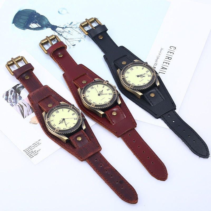 Retro Punk Stijl Lederen Banden Herenmode Pointer Quartz Horloge