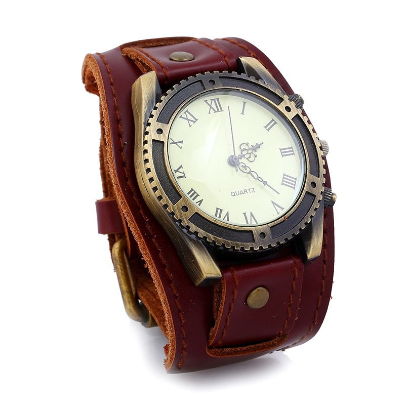 Retro Punk Stijl Lederen Banden Herenmode Pointer Quartz Horloge