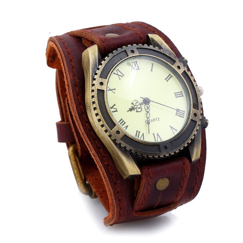 Retro Punk Stijl Lederen Banden Herenmode Pointer Quartz Horloge