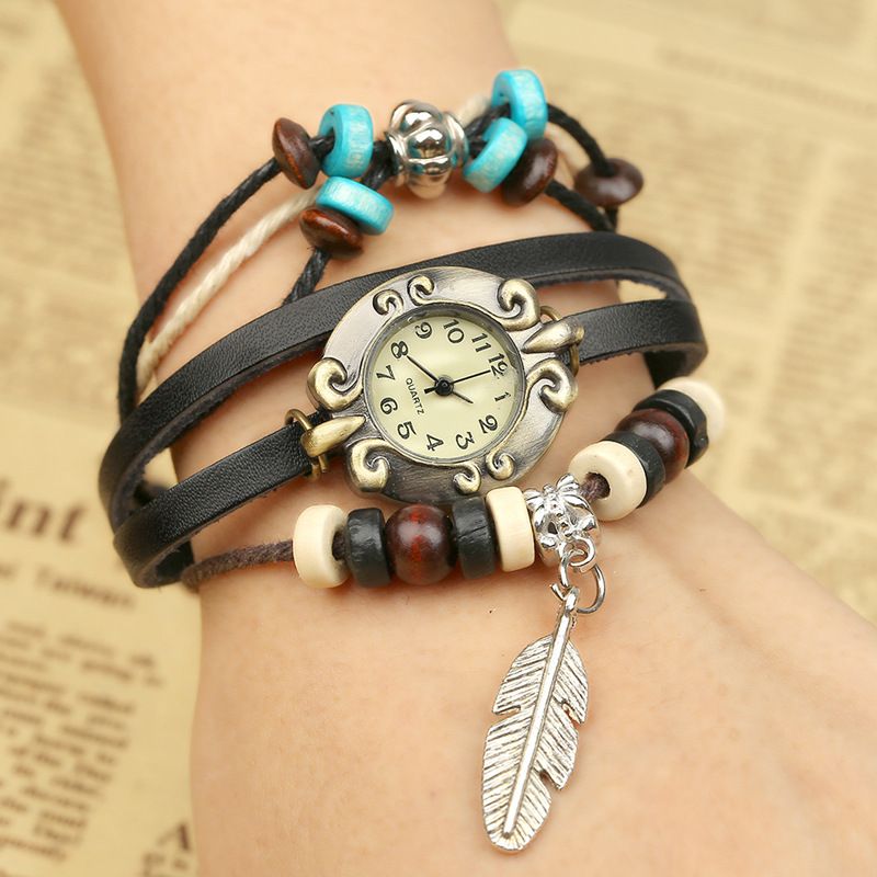 Retro Stijl Vintage Koeienhuid Multi-layer Quartz Horloge Weave Feather Hanger Lederen Armband Horloge