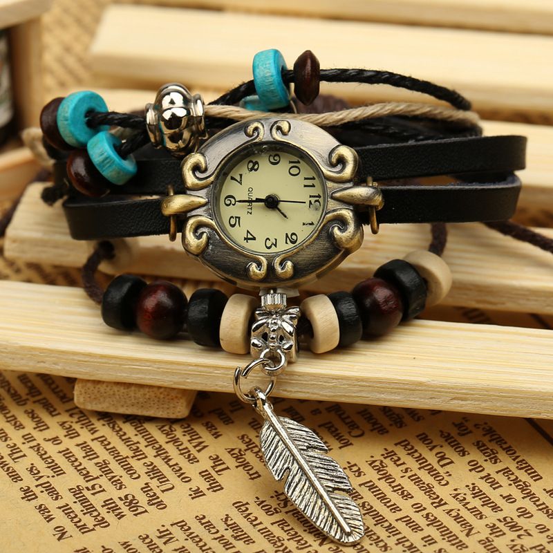 Retro Stijl Vintage Koeienhuid Multi-layer Quartz Horloge Weave Feather Hanger Lederen Armband Horloge