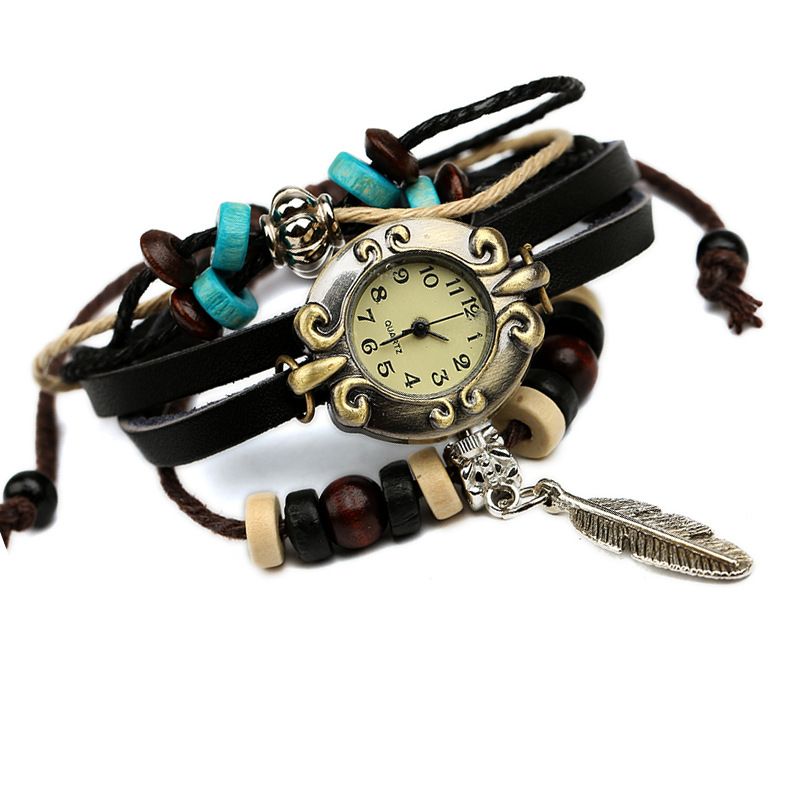 Retro Stijl Vintage Koeienhuid Multi-layer Quartz Horloge Weave Feather Hanger Lederen Armband Horloge