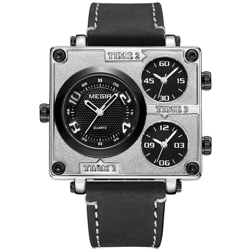 Vierkante Wijzerplaat Multi Tijdzone Lederen Retro Mode Mannen Horloge Quartz Horloge