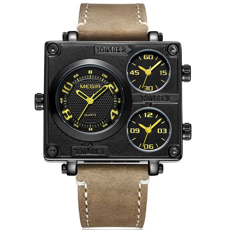 Vierkante Wijzerplaat Multi Tijdzone Lederen Retro Mode Mannen Horloge Quartz Horloge