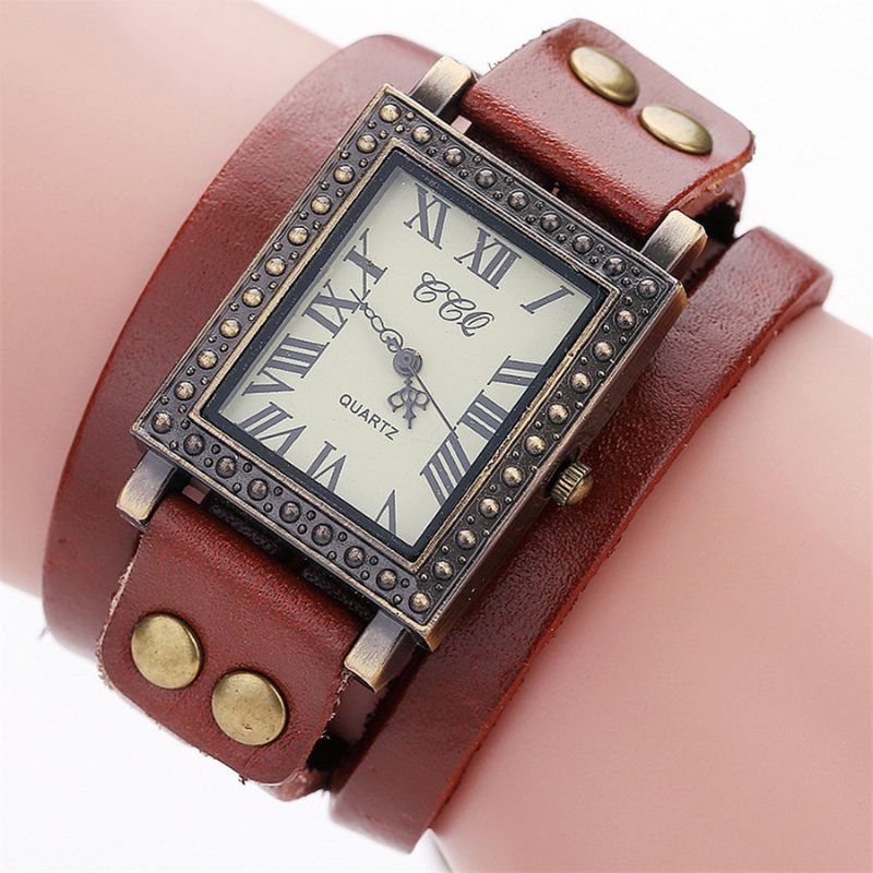 Vintage Retro Stijl Herenhorloge Rechthoekige Wijzerplaat Verstelbare Lederen Band Twee Sluiting Dames Quartz Horloge