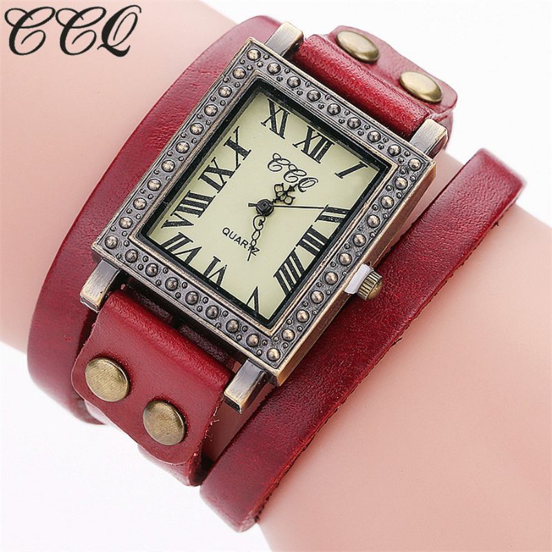 Vintage Retro Stijl Herenhorloge Rechthoekige Wijzerplaat Verstelbare Lederen Band Twee Sluiting Dames Quartz Horloge