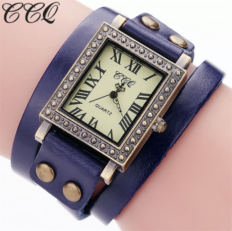 Vintage Retro Stijl Herenhorloge Rechthoekige Wijzerplaat Verstelbare Lederen Band Twee Sluiting Dames Quartz Horloge