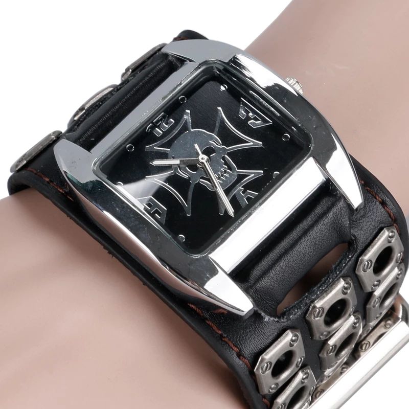 Vintage Vierkante Wijzerplaat Heren Horloge Holle Schedel Lederen Quartz Horloge