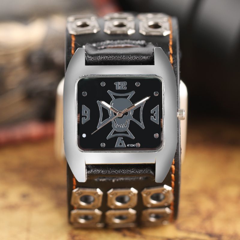 Vintage Vierkante Wijzerplaat Heren Horloge Holle Schedel Lederen Quartz Horloge
