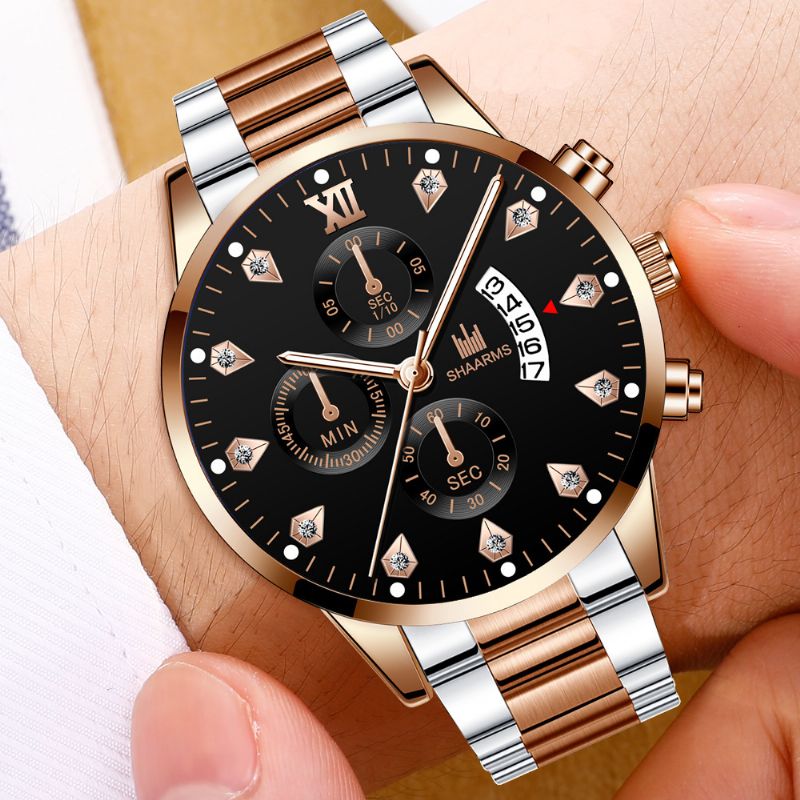 Zakelijk Casual Met Kalender Ingelegde Strass Wijzerplaat Stalen Band Heren Quartz Horloge