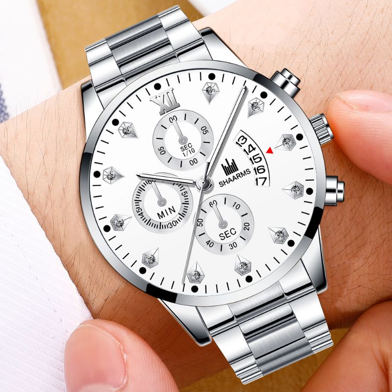 Zakelijk Casual Met Kalender Ingelegde Strass Wijzerplaat Stalen Band Heren Quartz Horloge