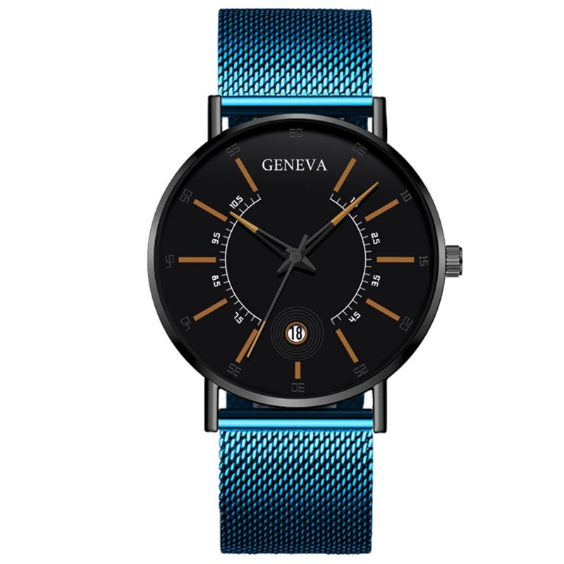 Zakelijke Casual Gekleurde Aanwijzer Met Kalender Mesh Band Heren Quartz Horloge