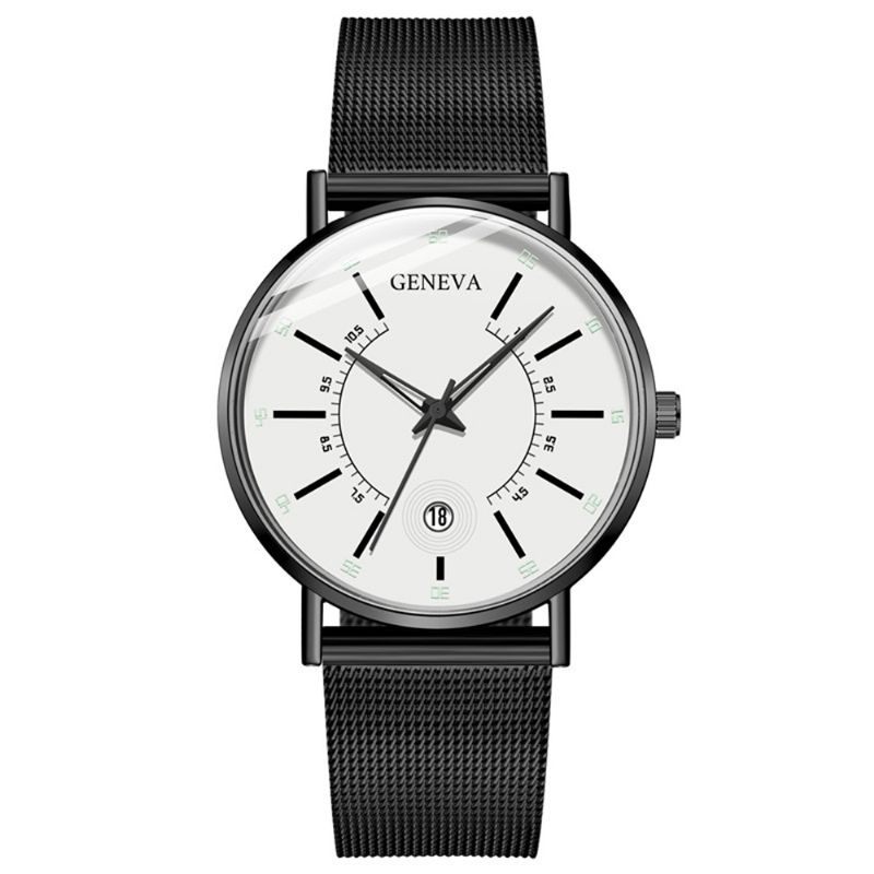 Zakelijke Casual Gekleurde Aanwijzer Met Kalender Mesh Band Heren Quartz Horloge