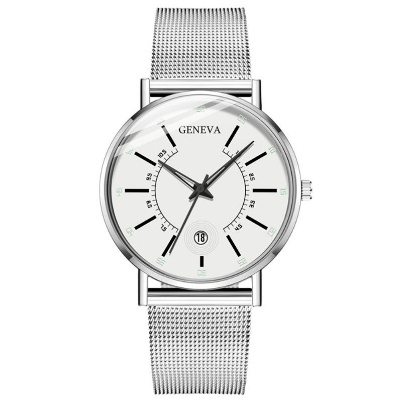 Zakelijke Casual Gekleurde Aanwijzer Met Kalender Mesh Band Heren Quartz Horloge