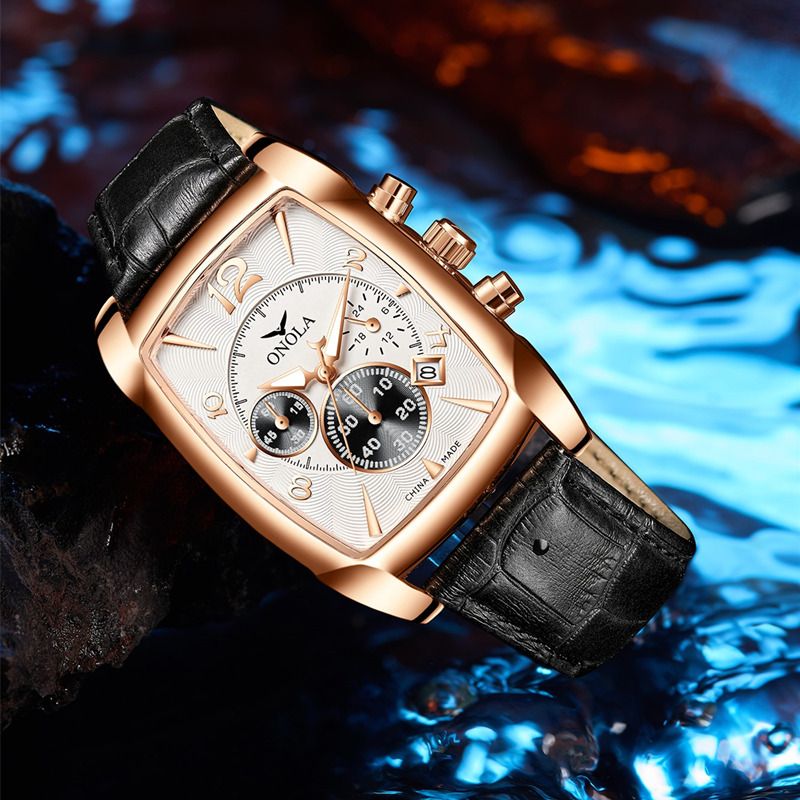 Zakelijke Mannen Kijken Datumweergave Multifunctioneel Waterdicht Lederen Band Quartz Horloge