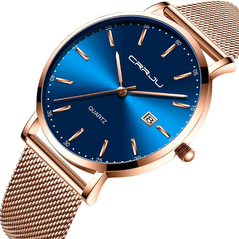 Zakelijke Stijl Datumweergave Luxe Blauwe Wijzerplaat Volledig Stalen Band Heren Quartz Horloge