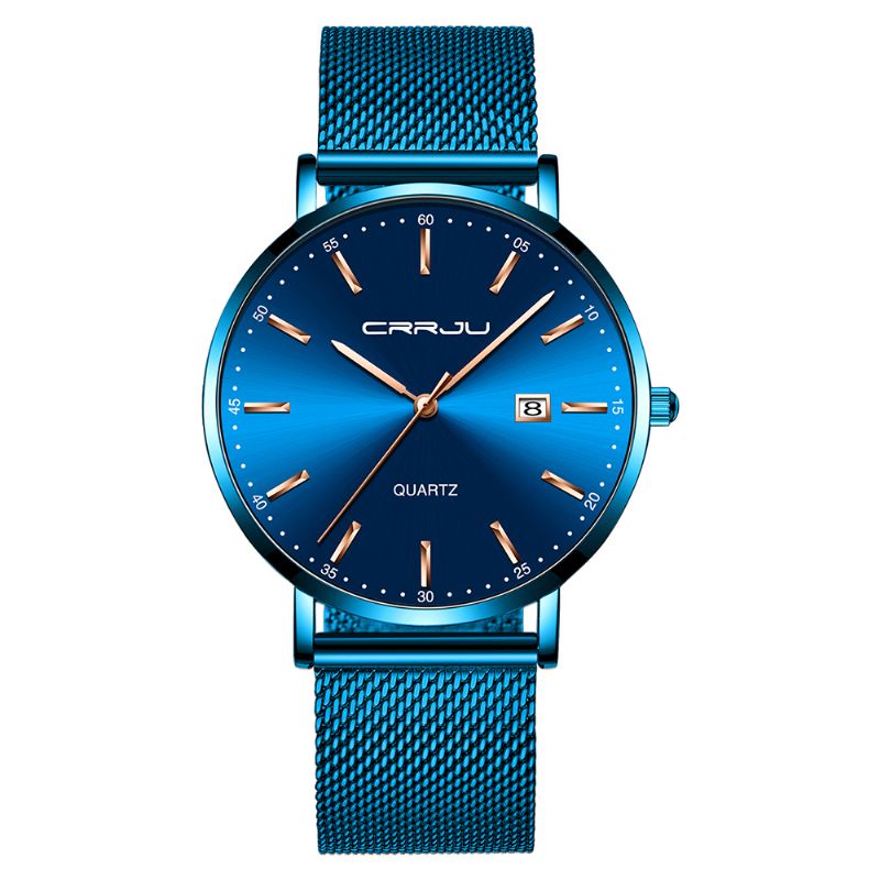 Zakelijke Stijl Datumweergave Luxe Blauwe Wijzerplaat Volledig Stalen Band Heren Quartz Horloge