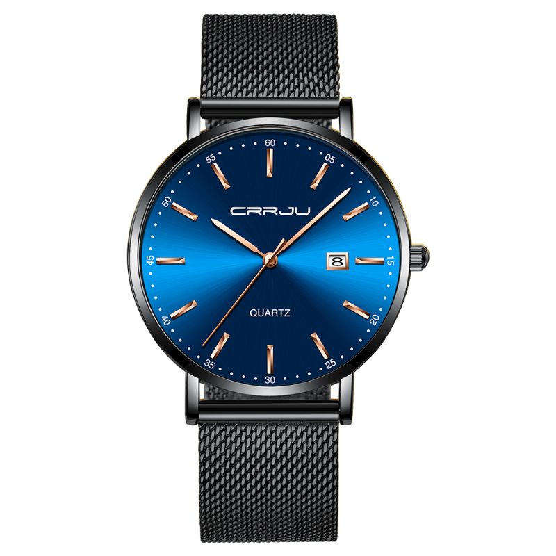 Zakelijke Stijl Datumweergave Luxe Blauwe Wijzerplaat Volledig Stalen Band Heren Quartz Horloge