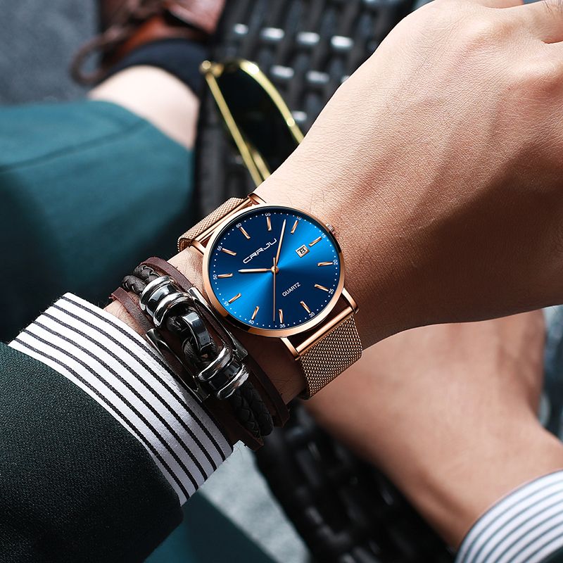 Zakelijke Stijl Datumweergave Luxe Blauwe Wijzerplaat Volledig Stalen Band Heren Quartz Horloge