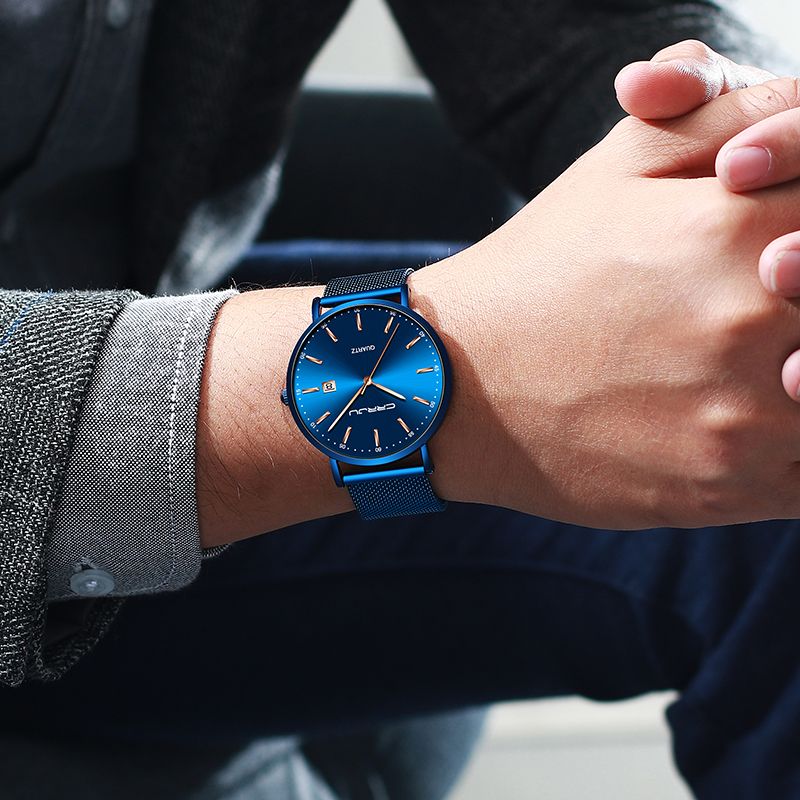 Zakelijke Stijl Datumweergave Luxe Blauwe Wijzerplaat Volledig Stalen Band Heren Quartz Horloge