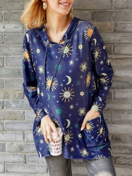 Casual Print Solor-systeem Overhead Hoodies Met Lange Mouwen Sweatshirts