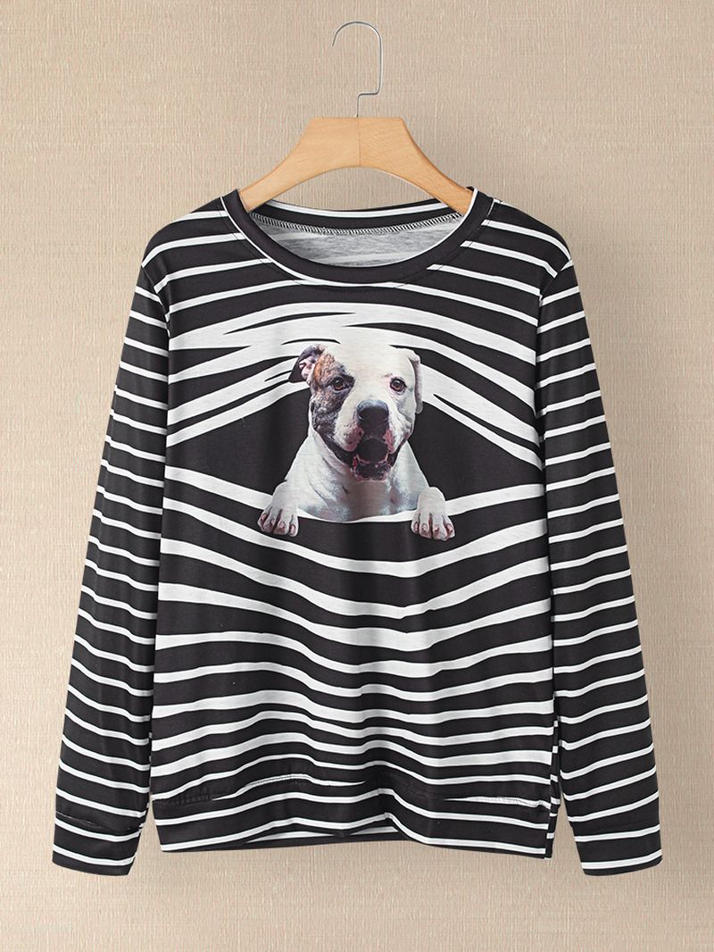 Dames 3d Dog & Stripe Print O-hals Pullover Casual Sweatshirts