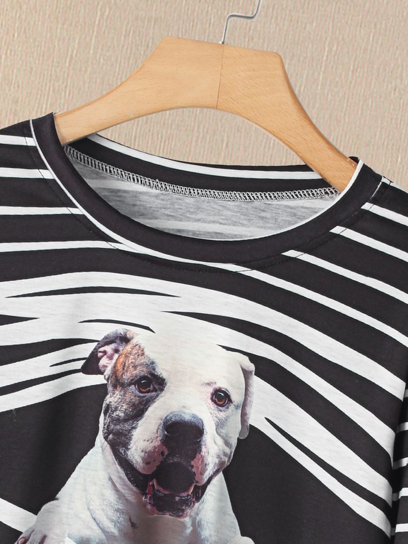 Dames 3d Dog & Stripe Print O-hals Pullover Casual Sweatshirts